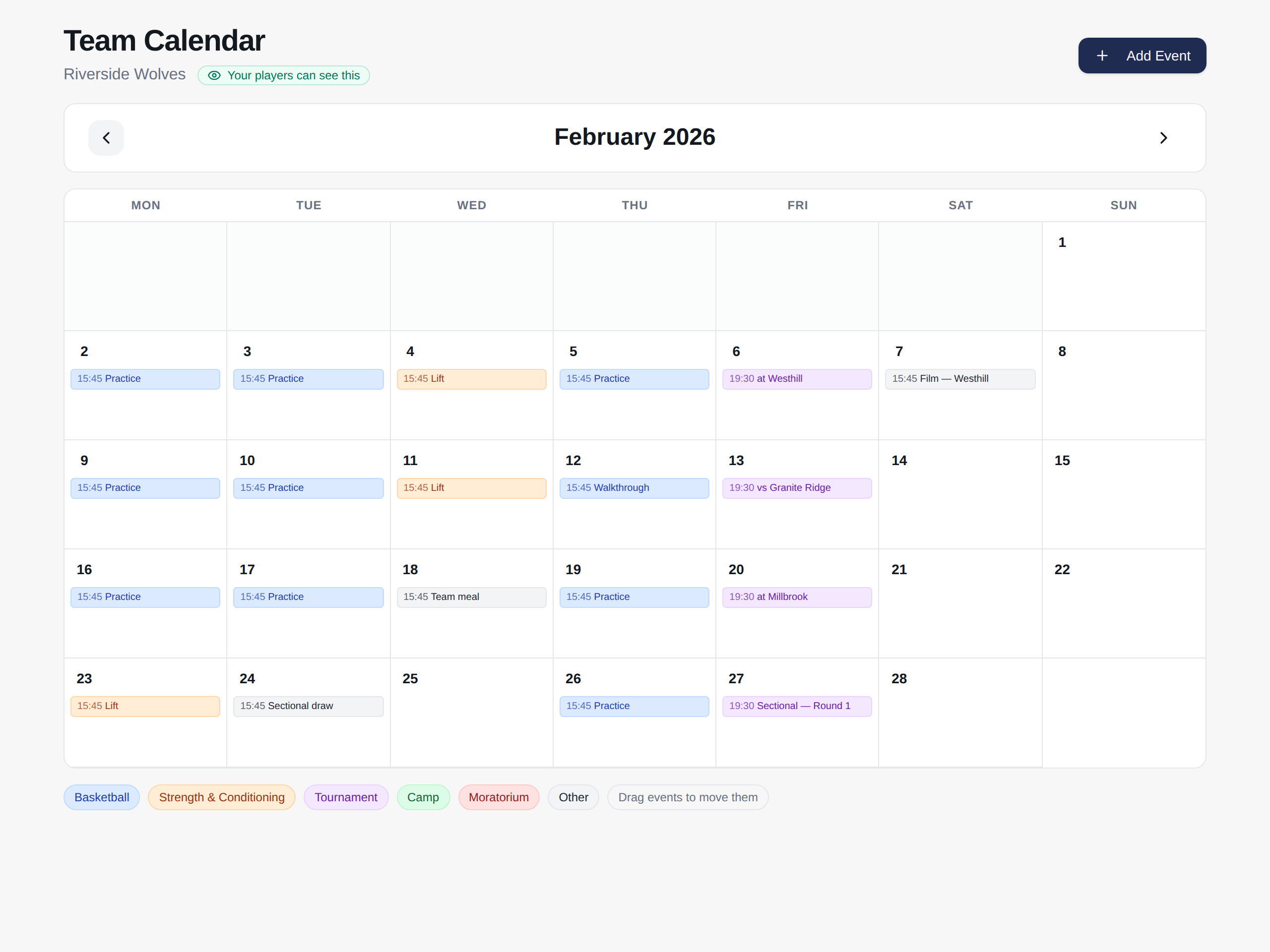 The team calendar showing a month of practices, games, lifts and film