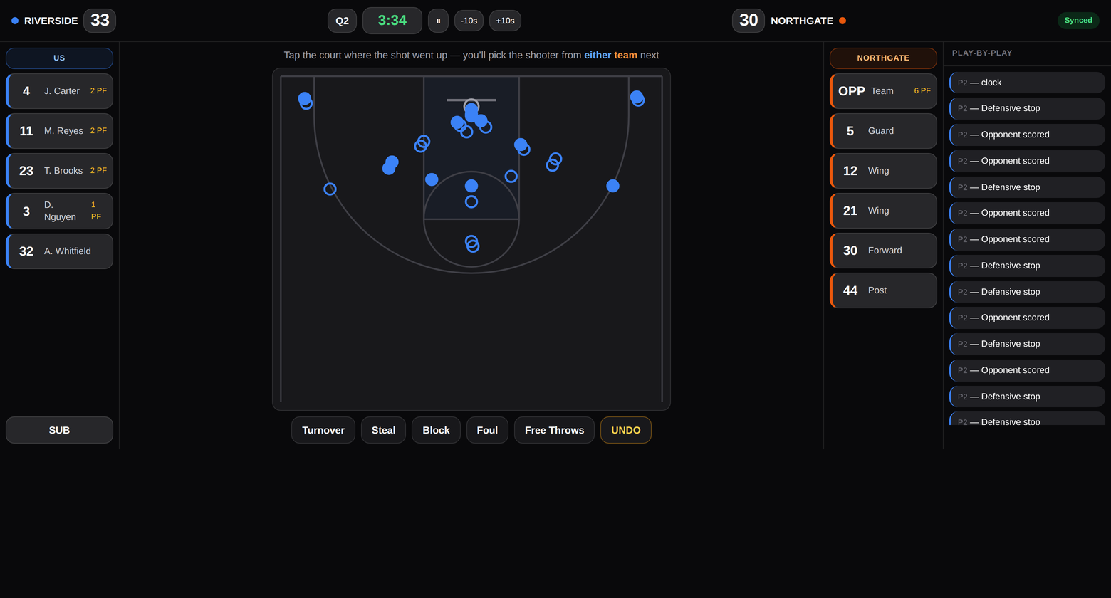 The Live Stats scorekeeping station with both teams on screen, a half-court shot map and a running play-by-play