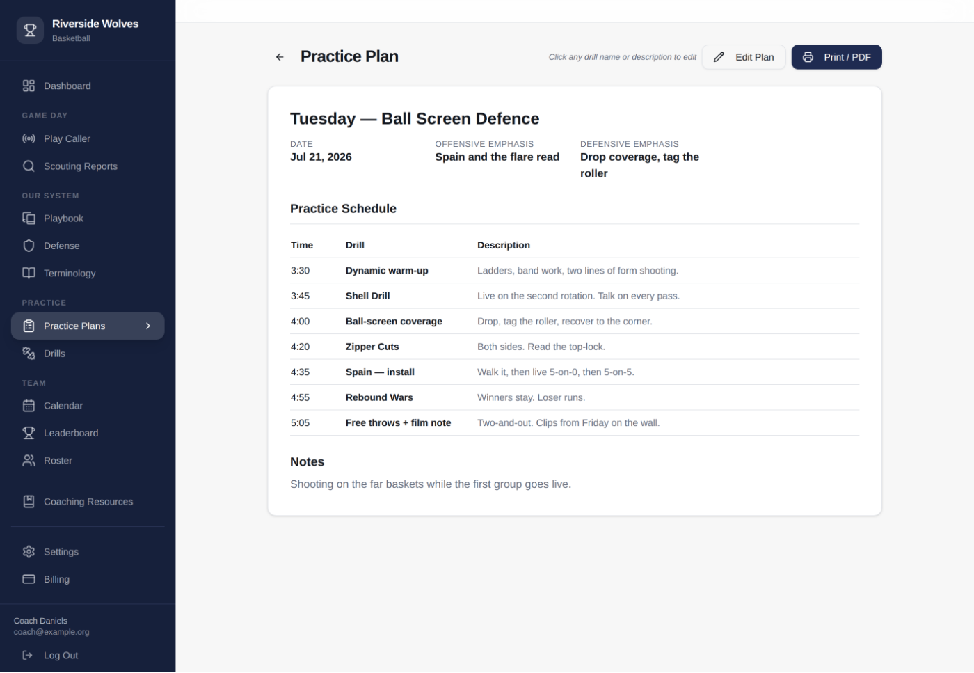 A practice plan with a timed schedule of drills and the emphasis for the day